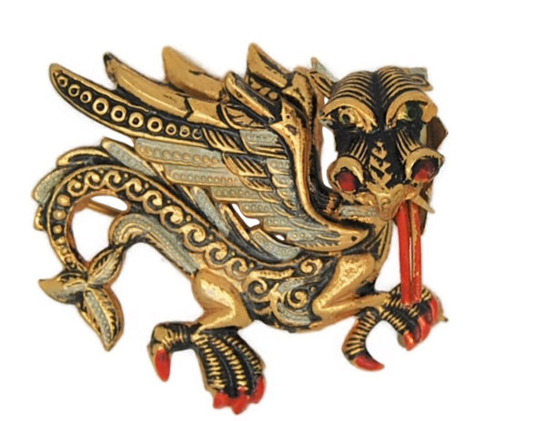 Damascene Spain Flame Breathing Dragon Vintage Figural Costume Brooch