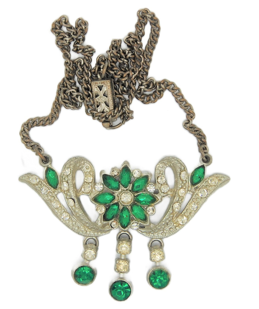 Emeralds & Ice Older Pot Metal Vintage Sparkling Dangle Necklace