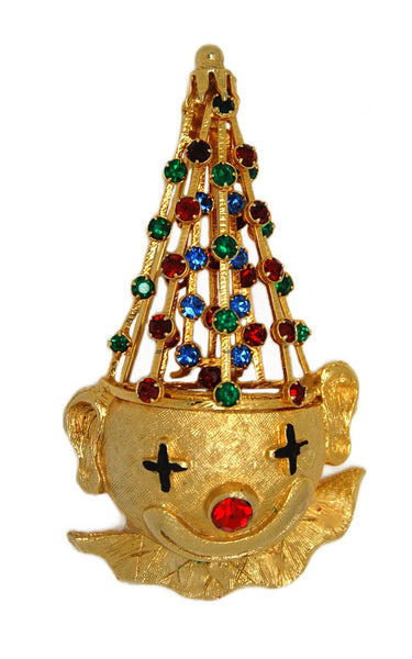 Warner Christmas Clown Tree Rhinestone Vintage Figural Pin Brooch