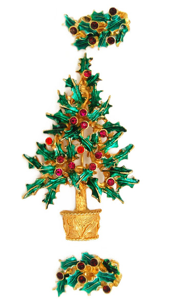 Mylu Christmas Holly Ruby Ornaments Holiday Tree Vintage Figural Brooch Earrings Set