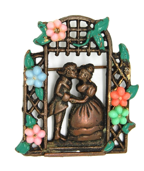 Americana Kissing Couple Floral Trellis Antique Costume Pin Brooch