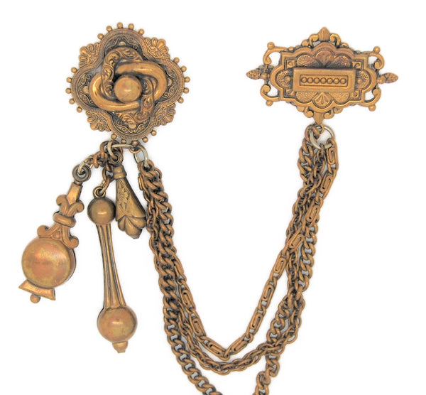 Art Deco Lovers Knot Dangling Charms Chatelaine Vintage Pin Brooch Set