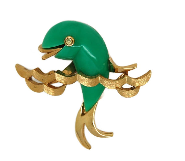 Carnegie Green Lucite Dolphin Waves Vintage Figural Pin Brooch