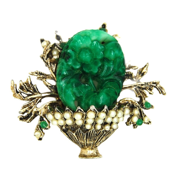 Carnegie Floral Urn Carved Faux Jade Vintage Figural Pin Brooch - 1940s