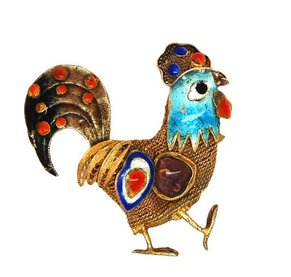 Antique Wire Mesh Enamel Rooster Chicken Bird Vintage Costume Pin Brooch