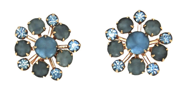 Beau Blues Starburst Beach Glass & Rhinestones Vintage Figural Brooch Set