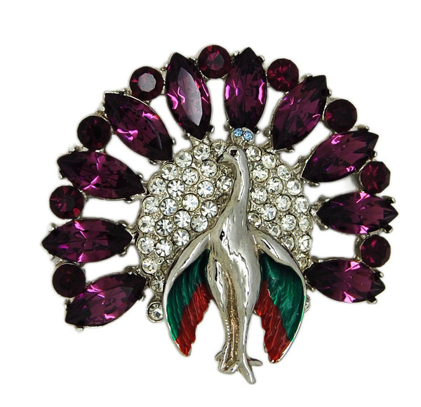 Art Deco Peacock Green Wings Purple Navette Tail Feathers Vintage Figural Pin Brooch