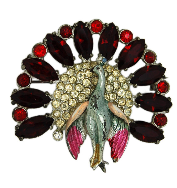 Art Deco Peacock Pink Wings Ruby Navette Tail Feathers Vintage Figural Pin Brooch