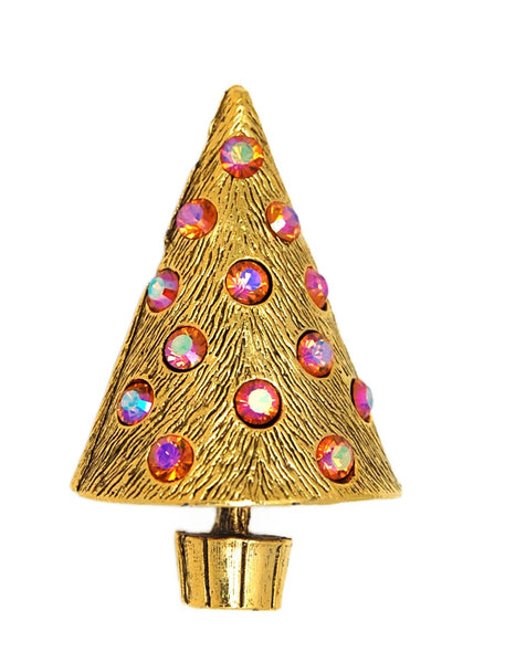 LIA Classic Cone Pink AB Gold Plate Christmas Tree Vintage Figural Brooch