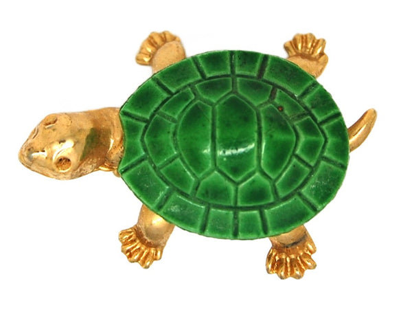 Longcraft Green Enamel Gold Plate Turtle Vintage Figural Brooch