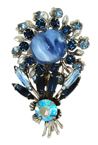 Beau Blues Floral Starburst Glass & Rhinestones Vintage Figural Pin Brooch