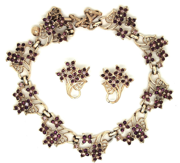 Coro Amethyst 1950s Elegance Floral Necklace and Earrings Set - Mint