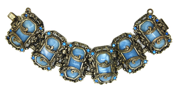 Beautiful Chunky Opalized Blue Lucite Dark Silver Ornate Sectional Bracelet  1940s