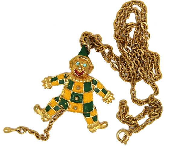 JJ Jonette Mechanical Clown Dangling Vintage Figural Costume Necklace.