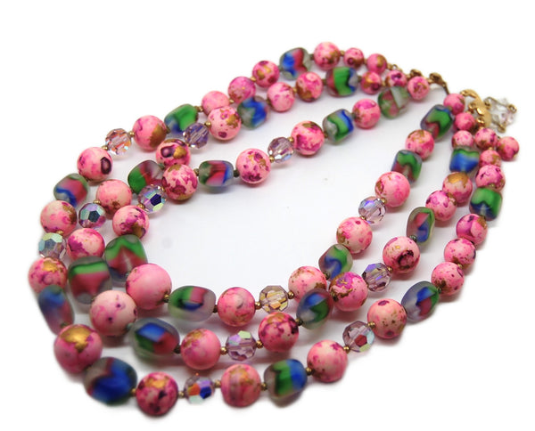 Frosted Italian Art Glass Triple Strand Crystal & Pink Beaded Necklace