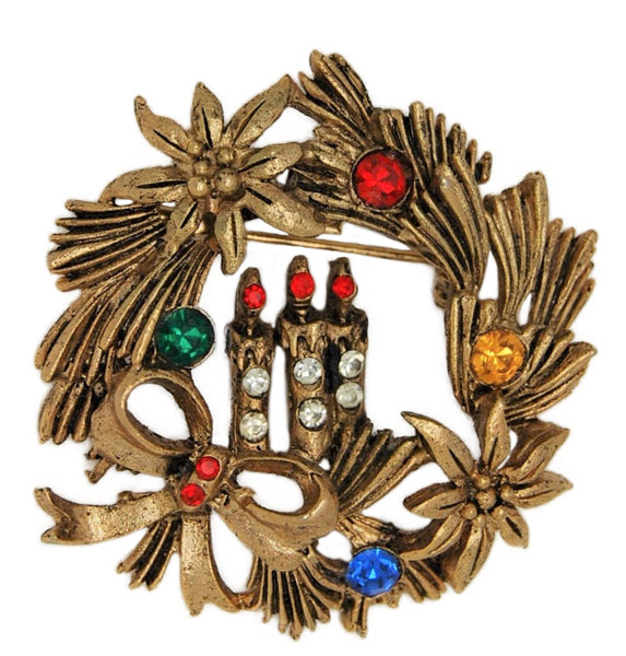 Beatrix BJ Christmas Candle Floral Wreath Vintage Figural Brooch
