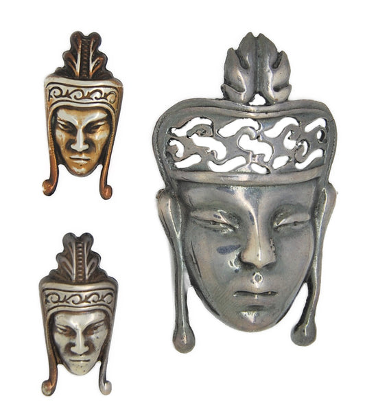 Sterling Stern Mask Vintage Figural Costume Brooch & Earrings Set