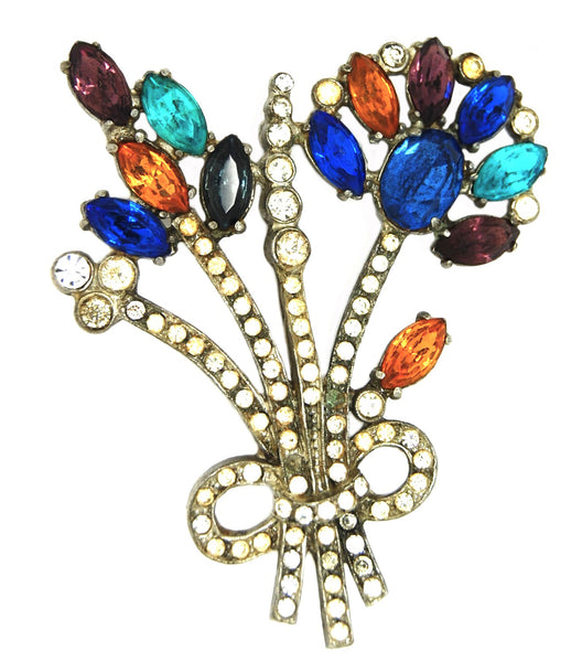 Flowers Pot Metal Multi-Color Rhinestones Floral Stems Vintage Figural Pin Brooch