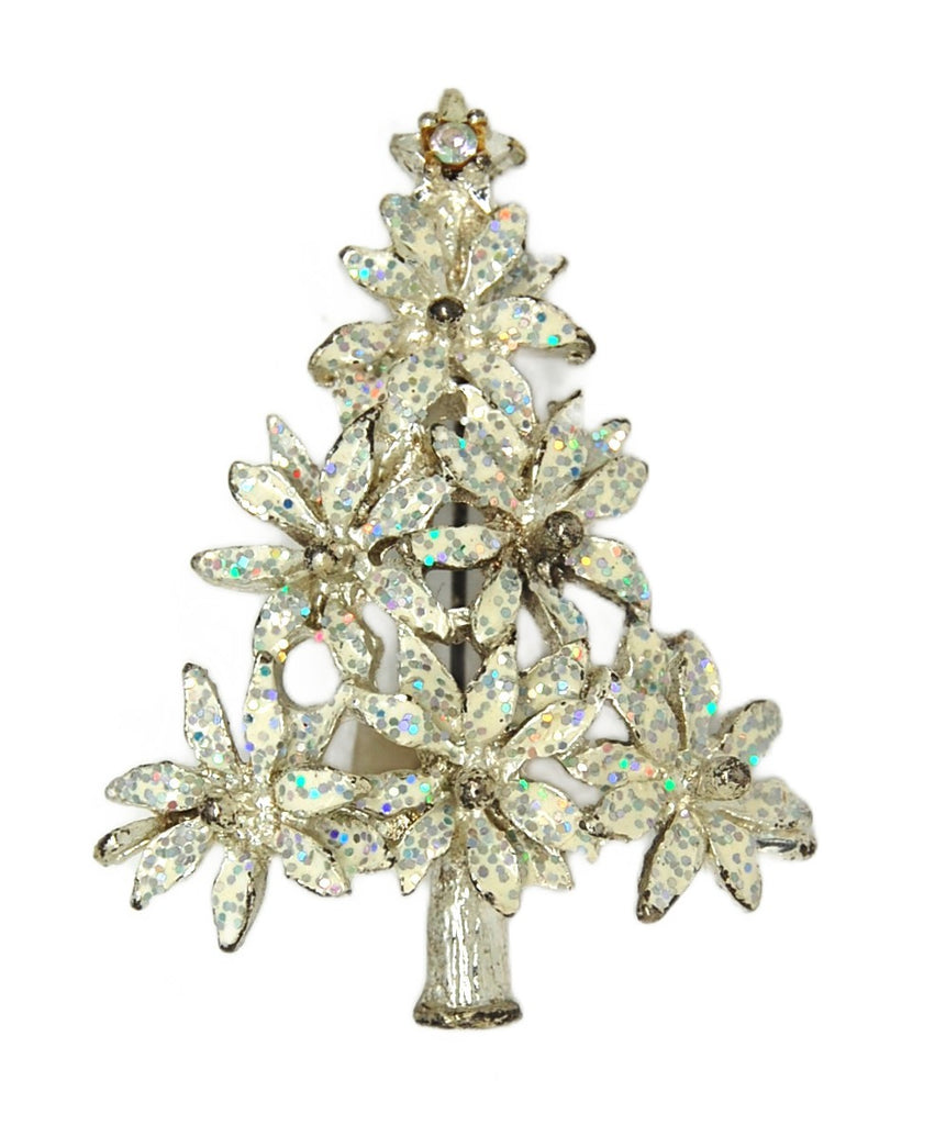 LIA Flocked Sparkling Classic Christmas Poinsettia Tree Vintage Figural Brooch