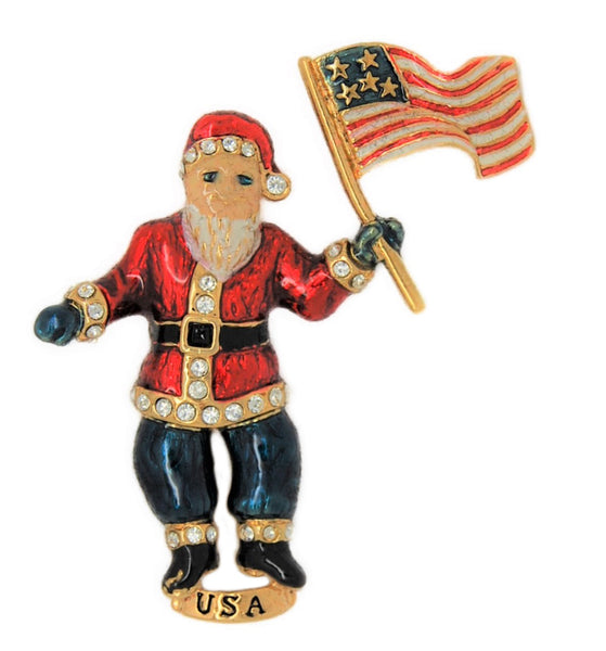 Radko Christmas Santa American Flag Vintage Figural Pendant Brooch - NIB