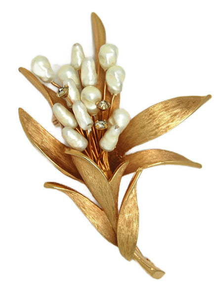 Beautiful Faux Pearls Icy Rhinestone Floral Vintage Figural Costume Brooch