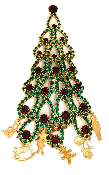 Kirks Folly Massive Dangling Teardrop Toyland Ruby and Green Christmas Tree Brooch MINT