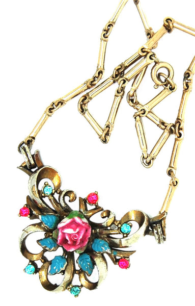 Longcraft Floral Rose Stacked Bows Vintage Figural Costume Necklace