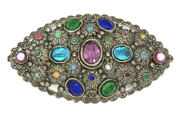 Glass Works Sparkling Multi-Color Jewels Accented Filigree Vintage Brooch