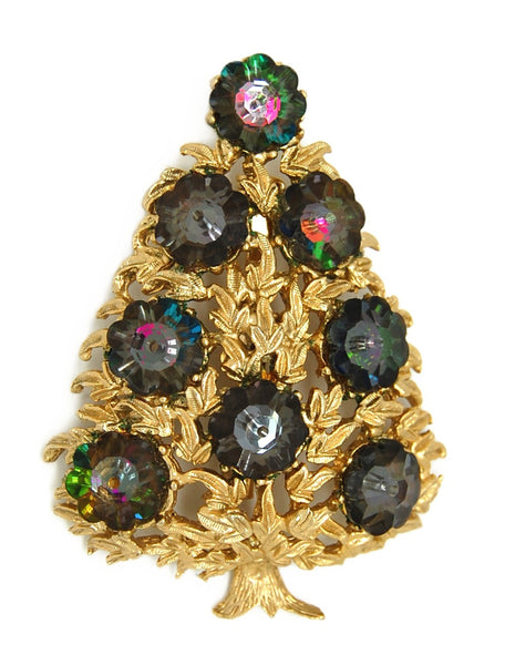 LJM Deep Purple Rivoli Crystal Christmas Tree Vintage Figural Costume Brooch