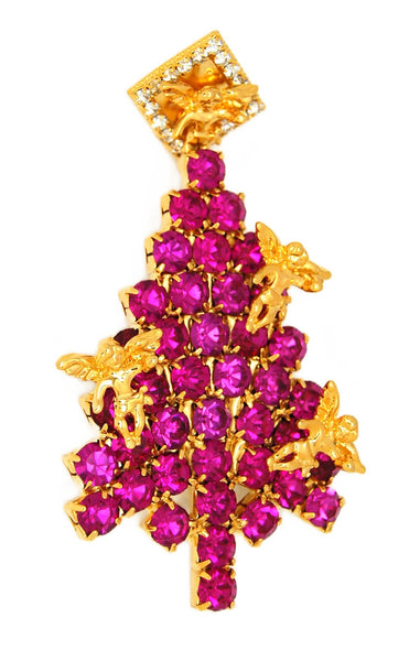 Swarovski Attruia Christmas Tree Angels Fuchsia Holiday Vintage Pin Brooch