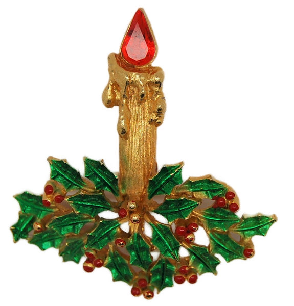 JJ Christmas Holly Candle Vintage Figural Brooch