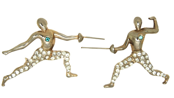 Longcraft Fencing Twin Pins Gold Plate Blue Rhinestone Hearts Vintage Figural Brooch Set