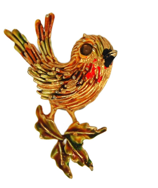 ART Enamel Song Bird Tree Branch Vintage Figural Pin Brooch
