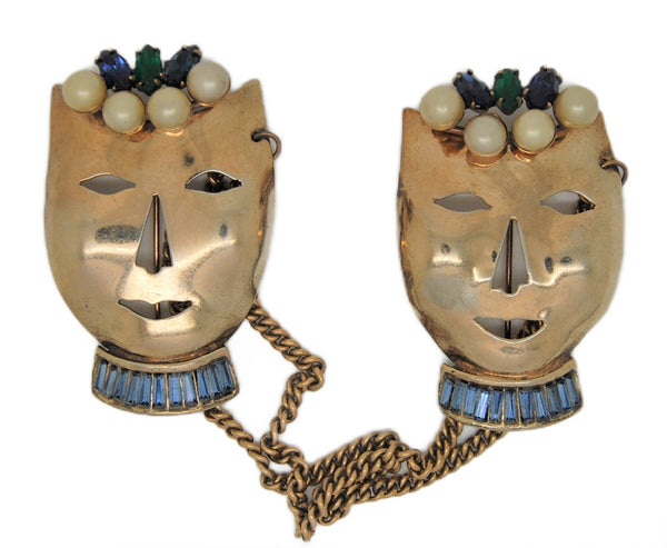 Beautiful Sterling Theatrical Masks Chatelaine Vintage Figurals Brooch Set