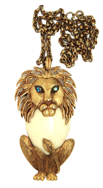 KJL Big FauxIvory Gold Tone Lion Vintage Figural Statement Necklace