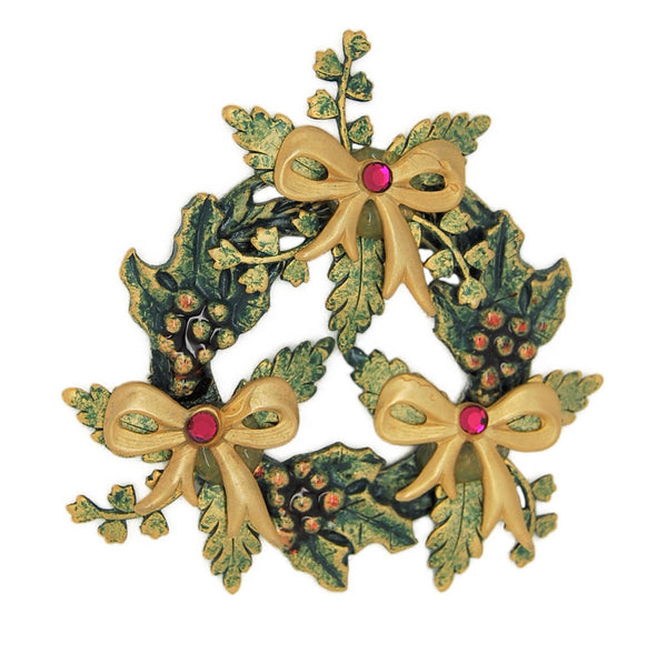Kerissa Green & Gold Bows Christmas Wreath Vintage Figural Costume Brooch
