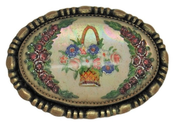 Goofus Reverse Pressed Painted Floral Basket Vintage Figural 1930s Brooch