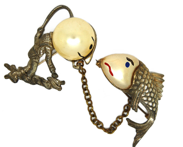 1930s Angler VS Fish Pearlyhead Chatelaine Vintage Figural Pin Brooch Set