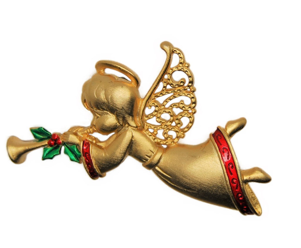 JJ Jonette Angel Holly Trumpet Vintage Figural Holiday Brooch