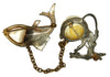 Angler VS Fish Pearlyhead Chatelaine Vintage Figural Pin Brooch Set 1930s