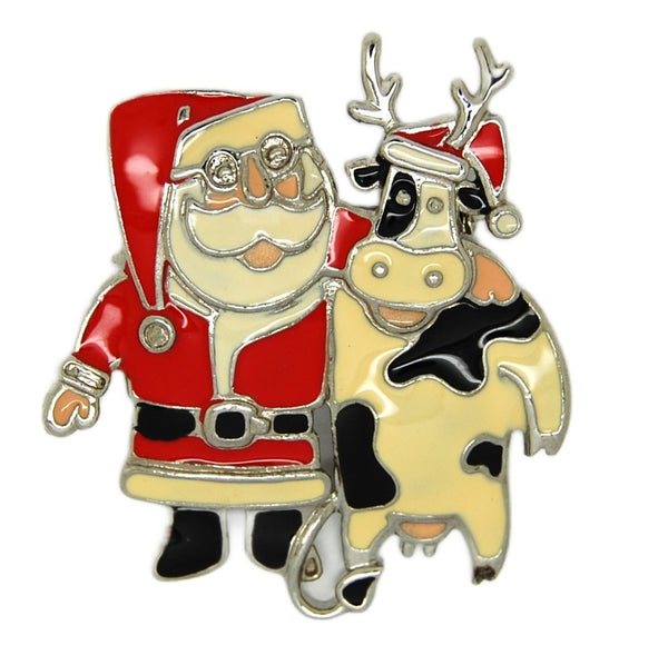 Berebi Christmas Santa Claus with Cow Pal Enamel Vintage Figural Brooch