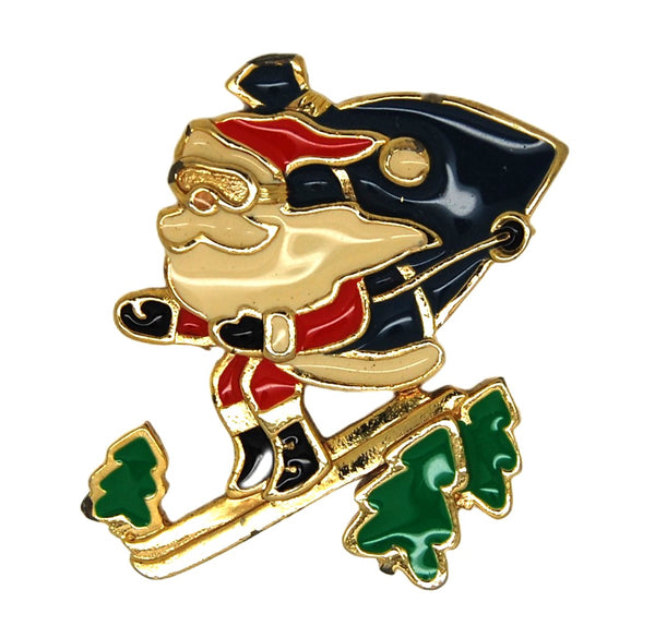 Berebi Skiing Santa Enamel Christmas Tree Vintage Figural Brooch