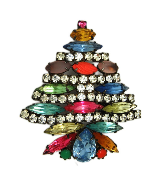 Christmas Garland Multi Color Navette Tree Vintage Figural Brooch