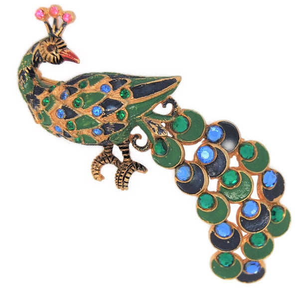 Vogue Peacock Enamel & Rhinestones Vintage Costume Figural Pin Brooch - Rare