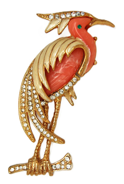 Marvella Pink Lucite White Enamel Stork Unsigned Vintage Figural Brooch