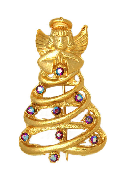 JJ Guardian Angel Christmas Tree Ruby Red Vintage Figural Costume Brooch