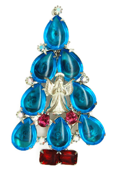RON Guardian Angel Aqua Teardrops Christmas Tree Vintage Brooch
