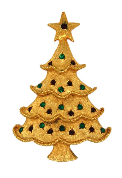 Classic Christmas Green & Red Rhinestones Tree Vintage Figural Brooch