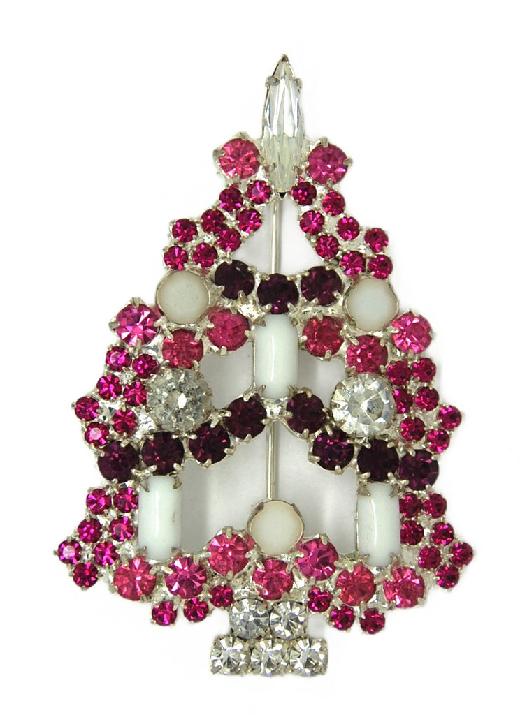 RON Ruby Pink & White Christmas Candle Tree Vintage Figural Brooch