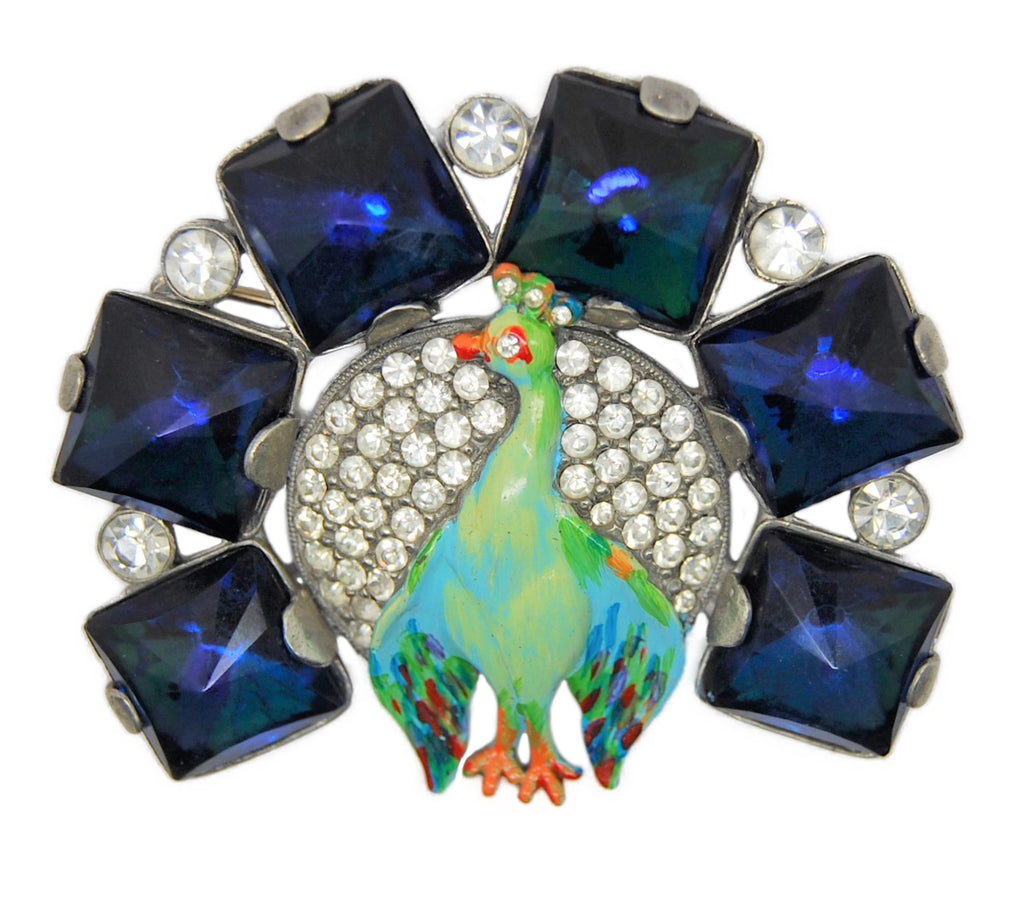 Art Deco Peacock Sapphire Tail Feathers Vintage Figural Pin Brooch